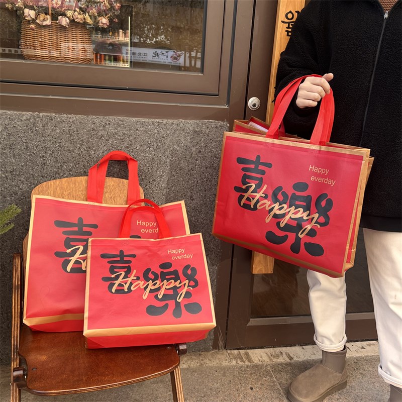 喜庆红色高档节日无l纺布手提袋子衣物服装店用定制logo鞋盒礼品