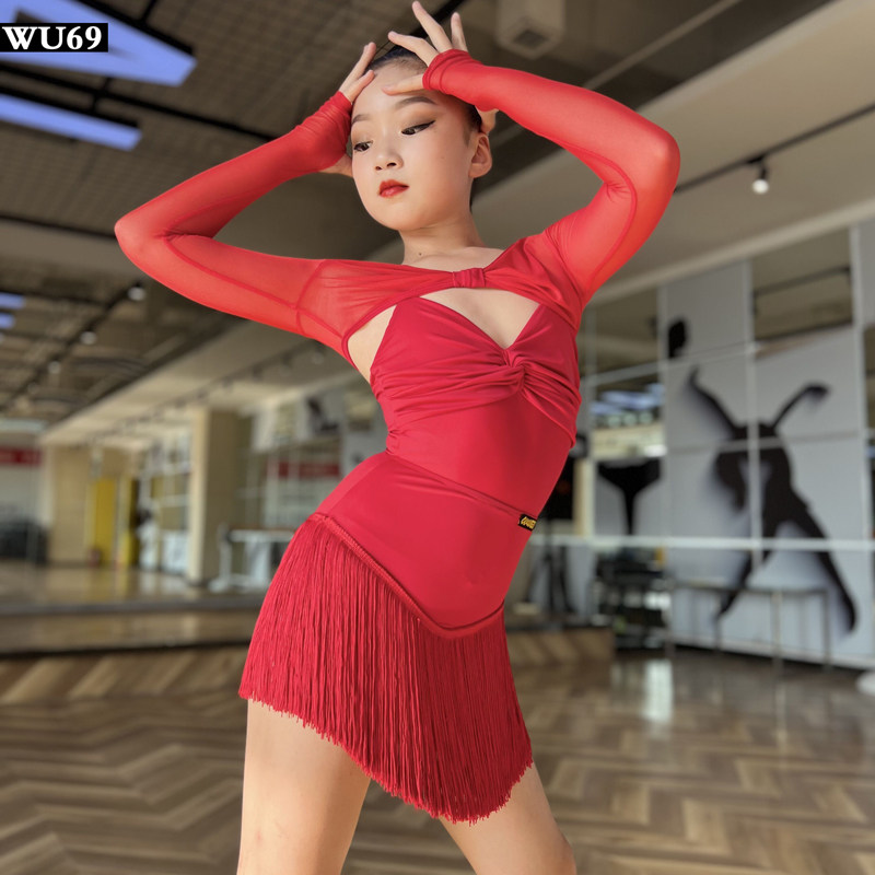 W69网红e拉丁舞练功服女儿童表演服幼儿专业拉丁舞服装流苏裙红色