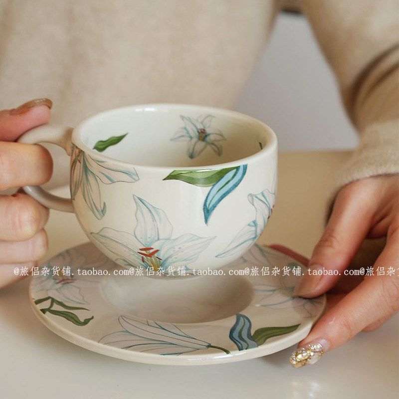 高颜值百合花卉陶m瓷杯碟咖啡杯拉花杯澳白杯下午茶杯礼物