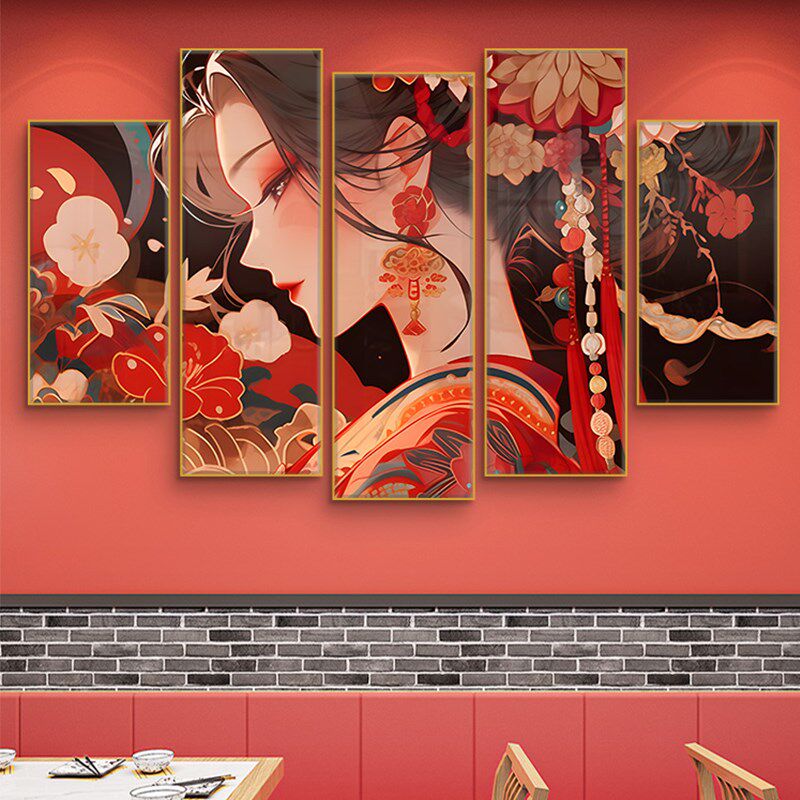 国潮风墙面装饰画火锅店饭店x包厢包间背景墙壁画京剧花旦脸谱挂