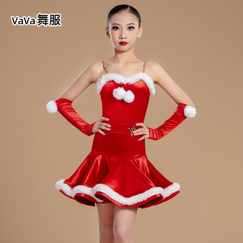 VaVa舞服拉丁舞少女儿童圣诞节春节日丝绒演N出练功服舞台表演服