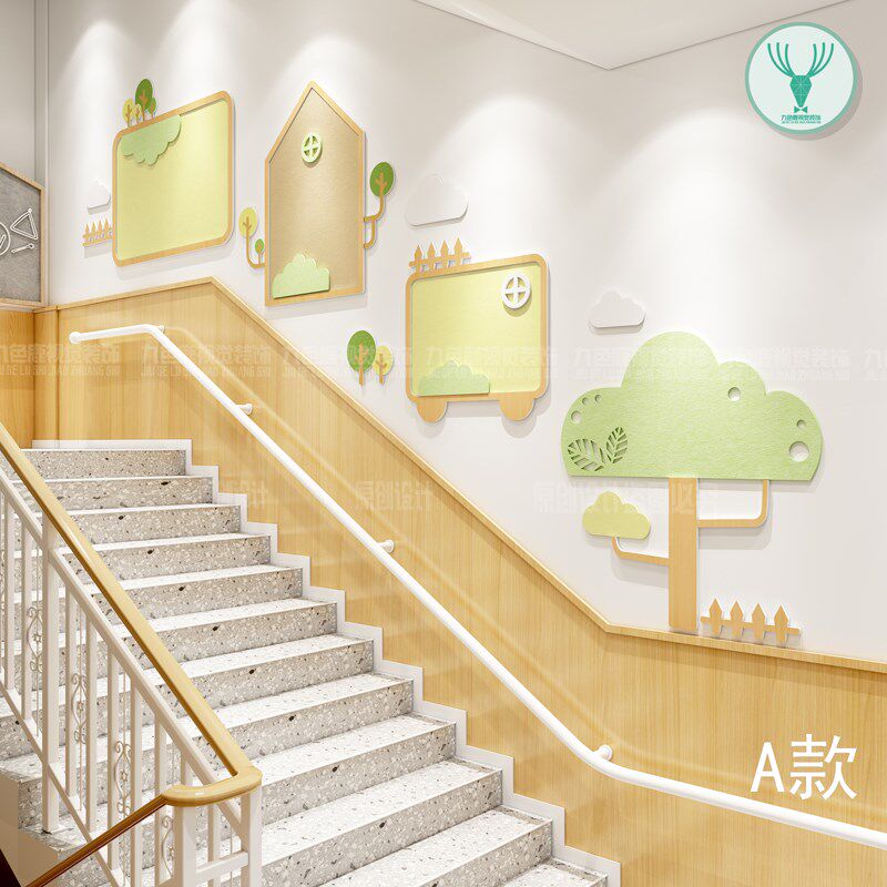 幼儿园环创主题i墙面环境布置原木风装饰背景板楼梯装饰墙贴展示