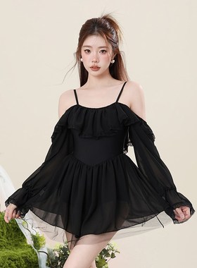 连体泳衣女夏2024o新款微胖女孩遮肉高级感长袖保守裙式平角游泳