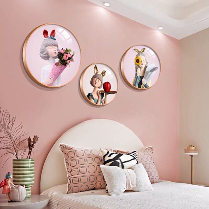 儿童房装饰c画女孩卧室床头挂画圆形壁画温馨粉色少女房间装饰墙