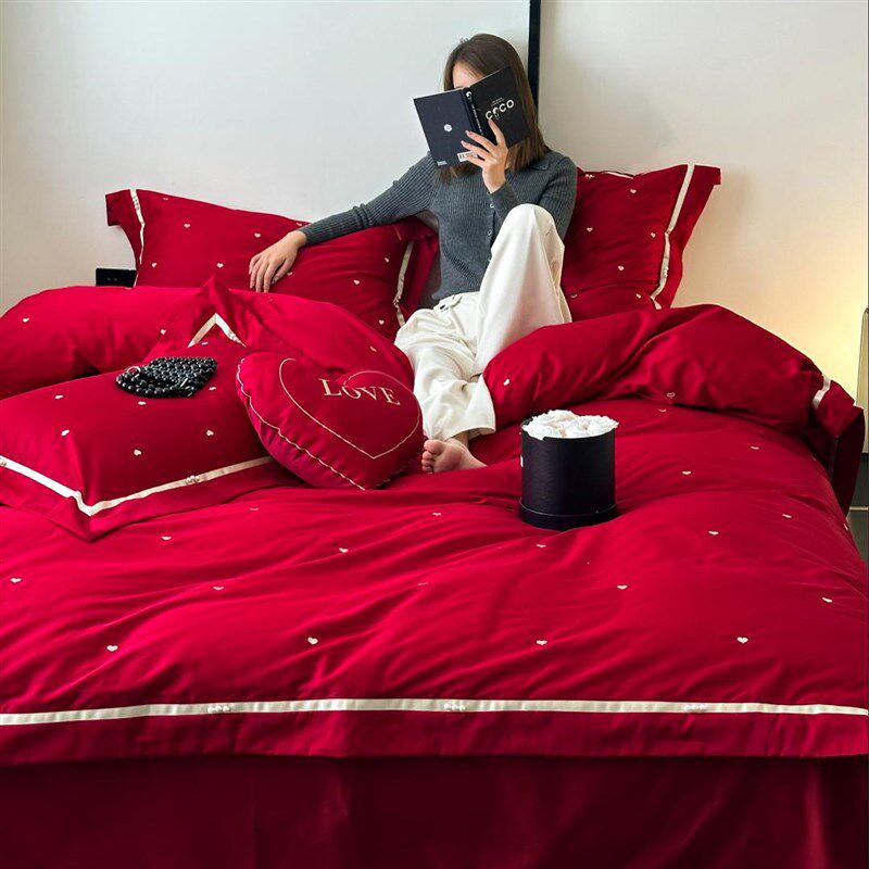 公主风爱心刺绣100全棉婚庆四件套大红色L被套结婚床上用品1.8,床上用品,婚庆床品套件,淘宝优惠券,粉丝福利购,淘宝优惠卷