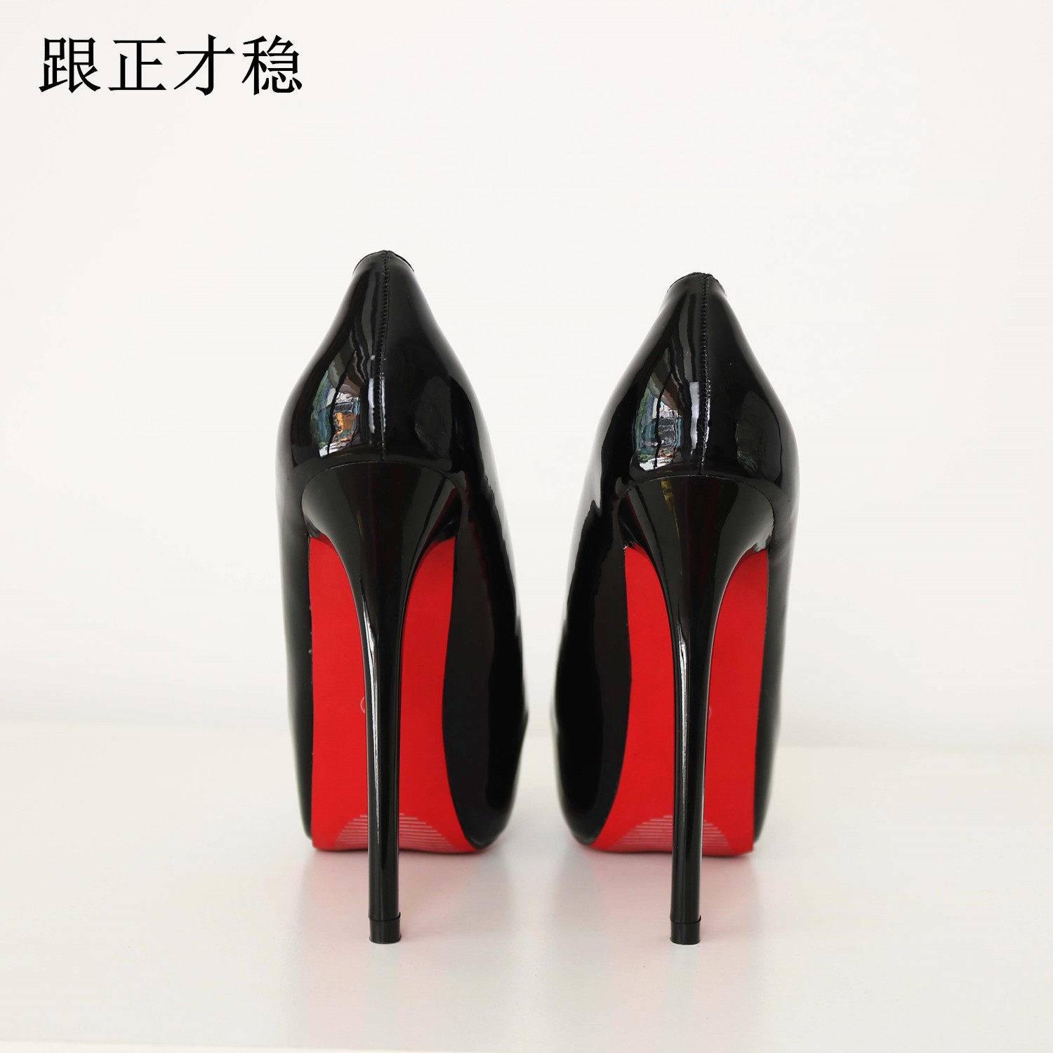 包头漆皮超高跟单鞋细o跟防水台尖头红底ol职场宴会鞋黑色14cm百