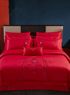 100支全棉结婚四件套新u婚大红色刺绣床上用品婚庆六多件套喜被子
