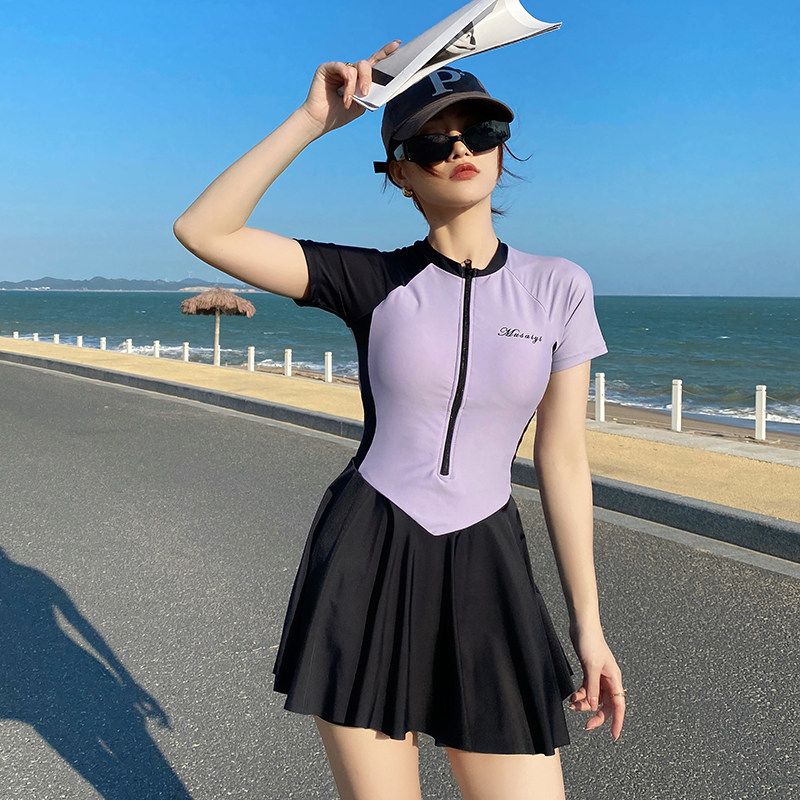 拼色泳衣女微胖女孩2023新款保守分F体大码运动平角泡温泉游泳装