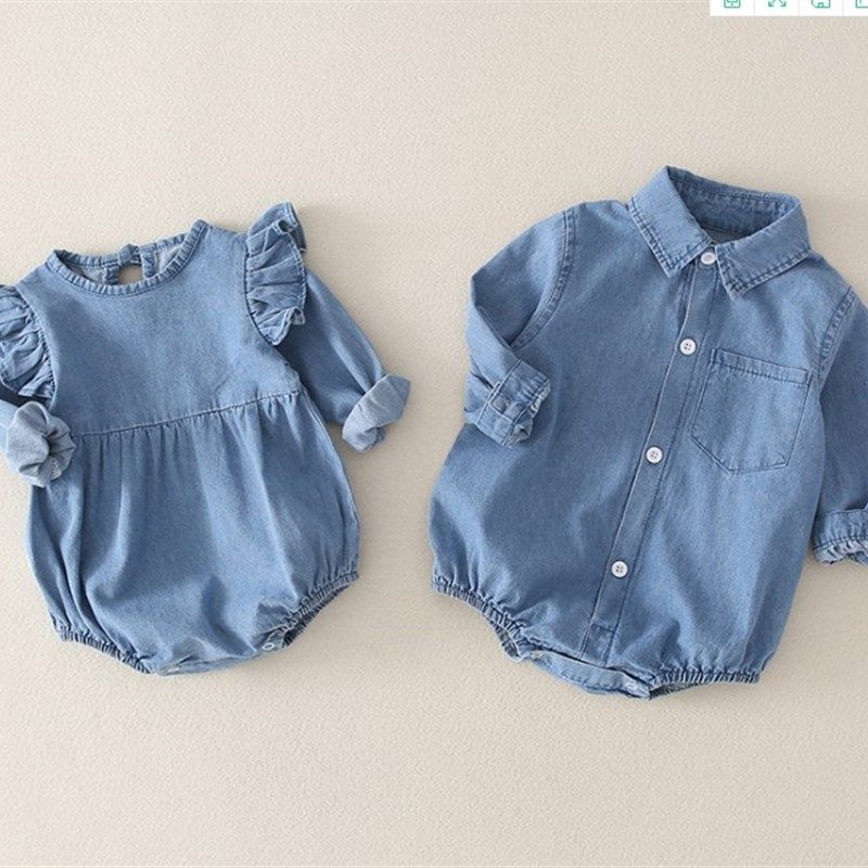 婴儿连体衣春f夏装男女宝宝包屁衣牛仔衬衫款外穿三角爬服幼童哈