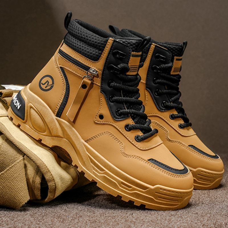 高帮男鞋秋冬休闲登山运动防滑工装鞋皮面防水厚底增高白色马丁靴