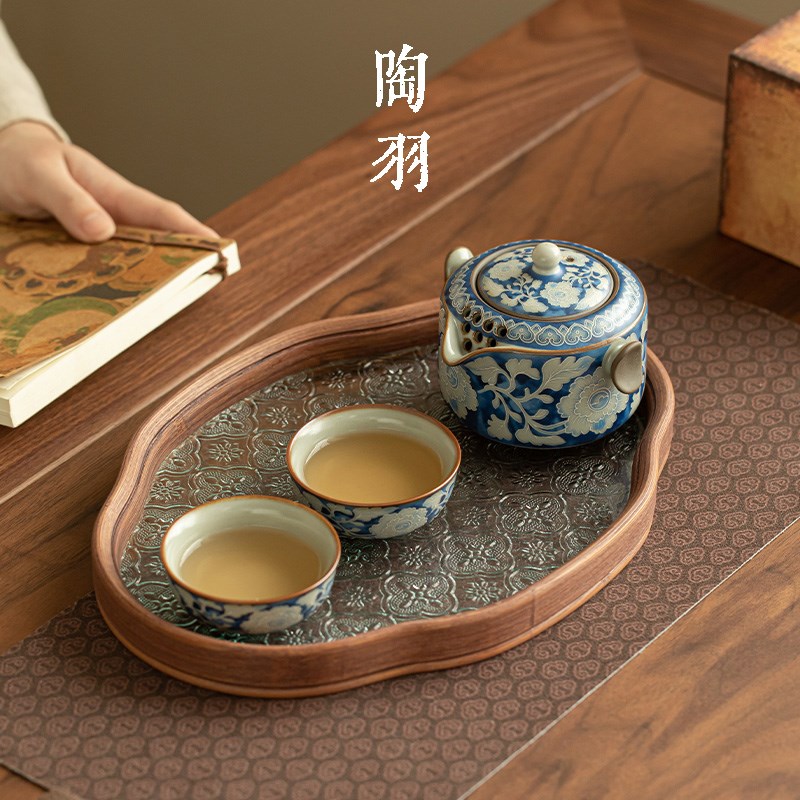 仿宋汝窑元青花双耳手抓壶一壶三杯陶瓷泡茶壶茶杯带茶盘功夫茶具