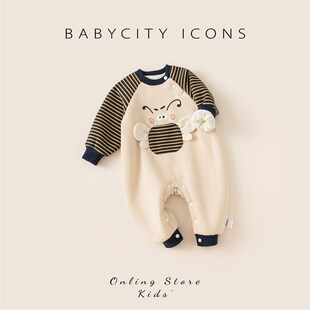 贝贝城婴儿秋冬衣服新款男宝卡通加绒连体衣女宝宝加厚爬服冬装潮