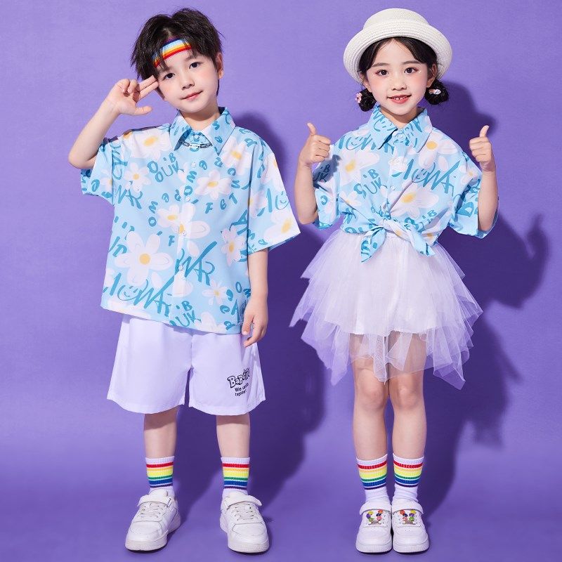 六一儿童啦啦队演出服幼儿园可爱表演服装小学生花衬衫合唱舞蹈服