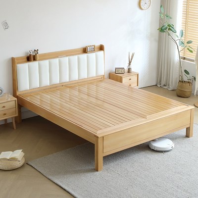 全实木榉木软靠带灯纯北欧原木风1米5儿童小户型主卧室单双人婚床