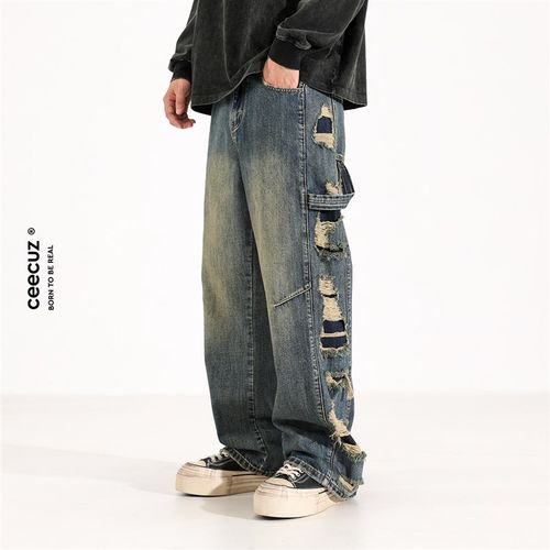 Ceecuz复古做旧vintage宽松阔腿牛仔裤男个性小众宽松直筒长裤子