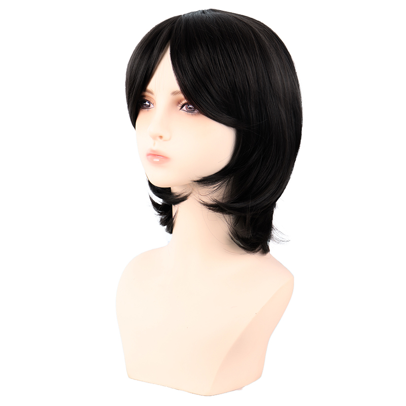潼漫 cos假发女短发万用纯黑自然黑色40CM中长齐斜刘海高温丝头套