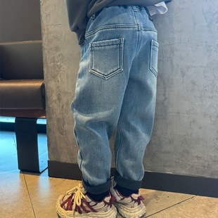 男童加绒牛仔裤子浅蓝小脚裤厚2024冬季新款宝宝小中大潮儿童长裤