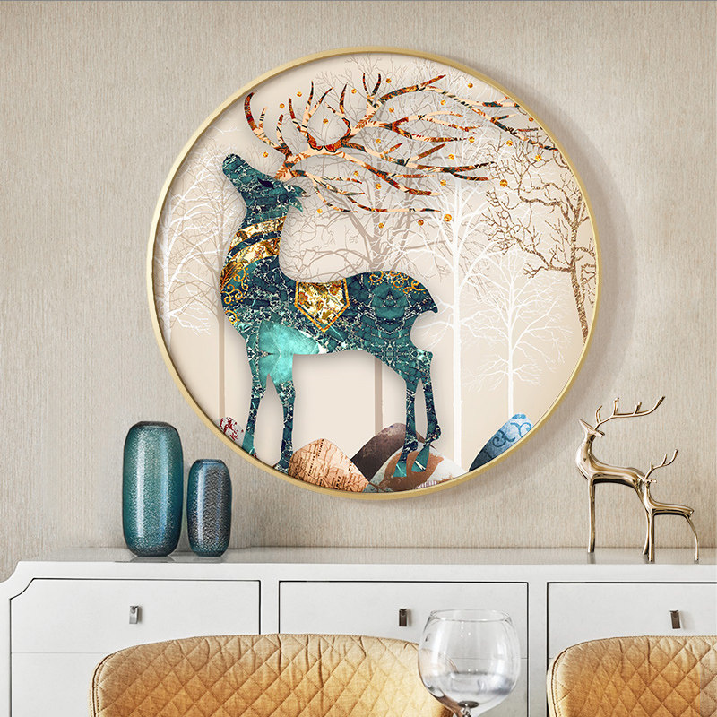 轻奢招财鹿正对门入户玄关圆形装饰画客厅餐厅背景墙金山福鹿挂画,家居饰品,现代装饰画,淘宝优惠券,粉丝福利购,淘宝优惠卷