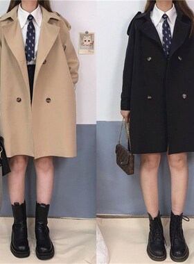 秋新款宽松版双排扣卡其色西装领学院少女风卡其色风衣中长款外套
