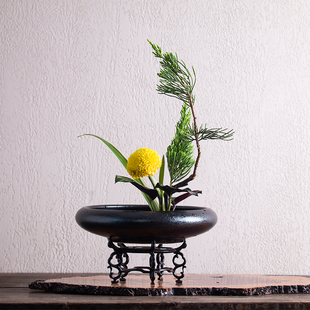 剑山插花器圆口花盘中式日式陶瓷花器底座禅意器皿小花道工具套装