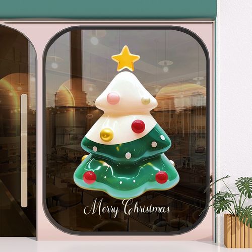 圣诞节装饰果冻圣诞树橱窗贴窗花卡通立体玻璃门贴纸静电窗户贴画