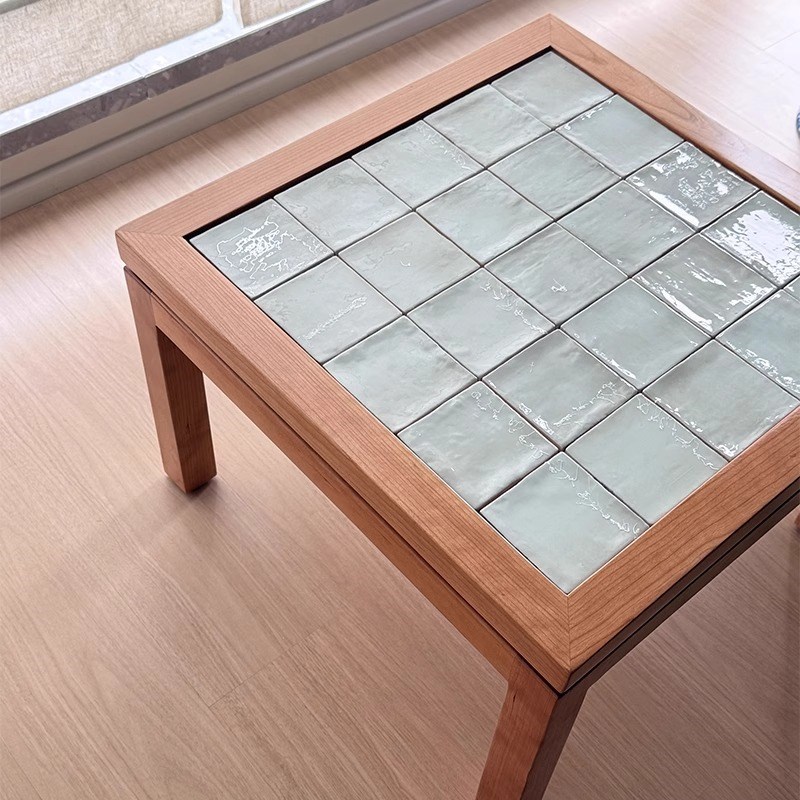 北美樱桃木茶几中古风家用茶台现代简约咖啡桌实木手工瓷砖茶几桌