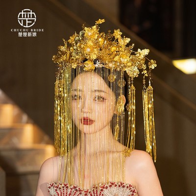 中式新娘婚礼秀禾服头饰汉服龙凤褂发饰奢华金色长流苏大凤冠配饰