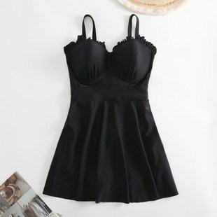 汐姿澜连体泳衣女裙式大胸钢托聚拢C/D/E/F罩杯平角罩衫温泉泳装