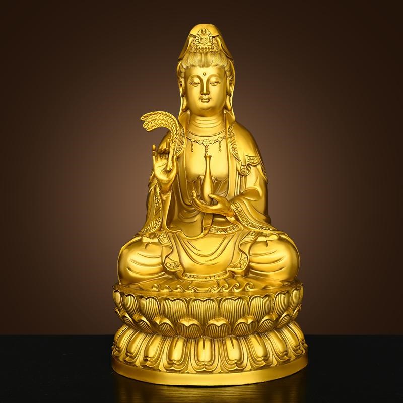纯黄铜观音菩萨摆件家用佛堂供奉柳枝观音坐莲花净瓶观世音菩萨像