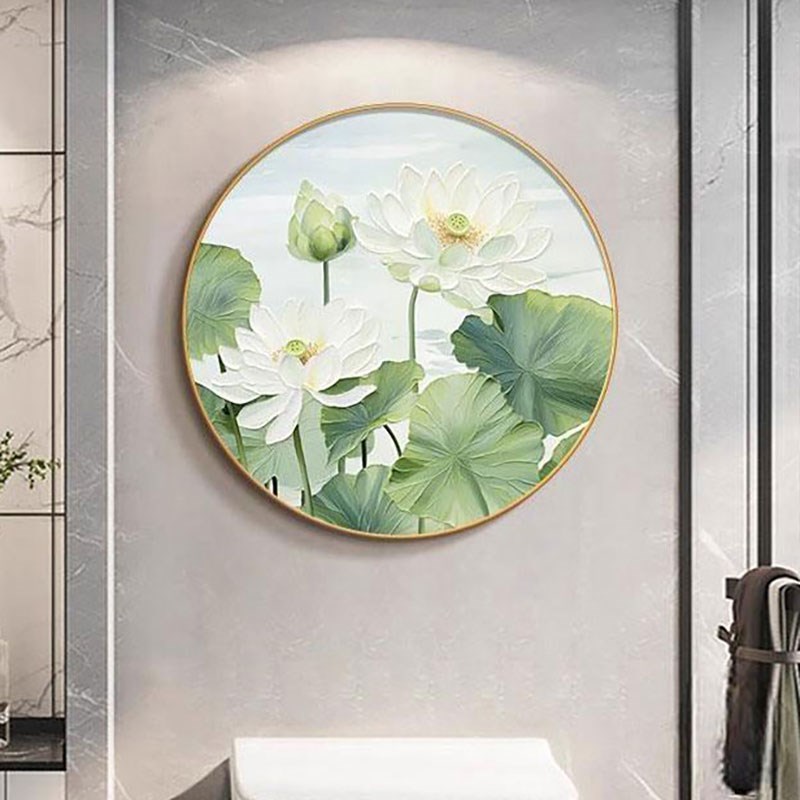 荷花挂画圆形卫生间客厅墙面装饰画2025新款中式入户玄关过道壁画图片
