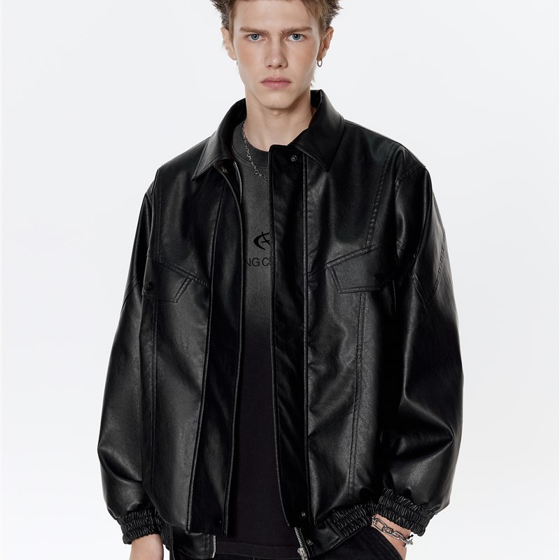 Bing摩托车皮夹克男士春季新款覆古Pu皮情侣夹克高街时尚休闲夹克
