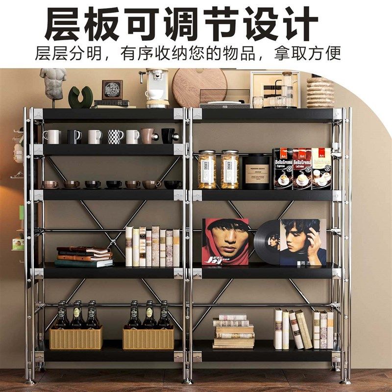 黑色钢木置物架落地多层家用客厅书架中古置物架厨房微波炉收纳层,商业/办公家具,置物架/陈列架/储物架/展示架,淘宝优惠券,粉丝福利购,淘宝优惠卷