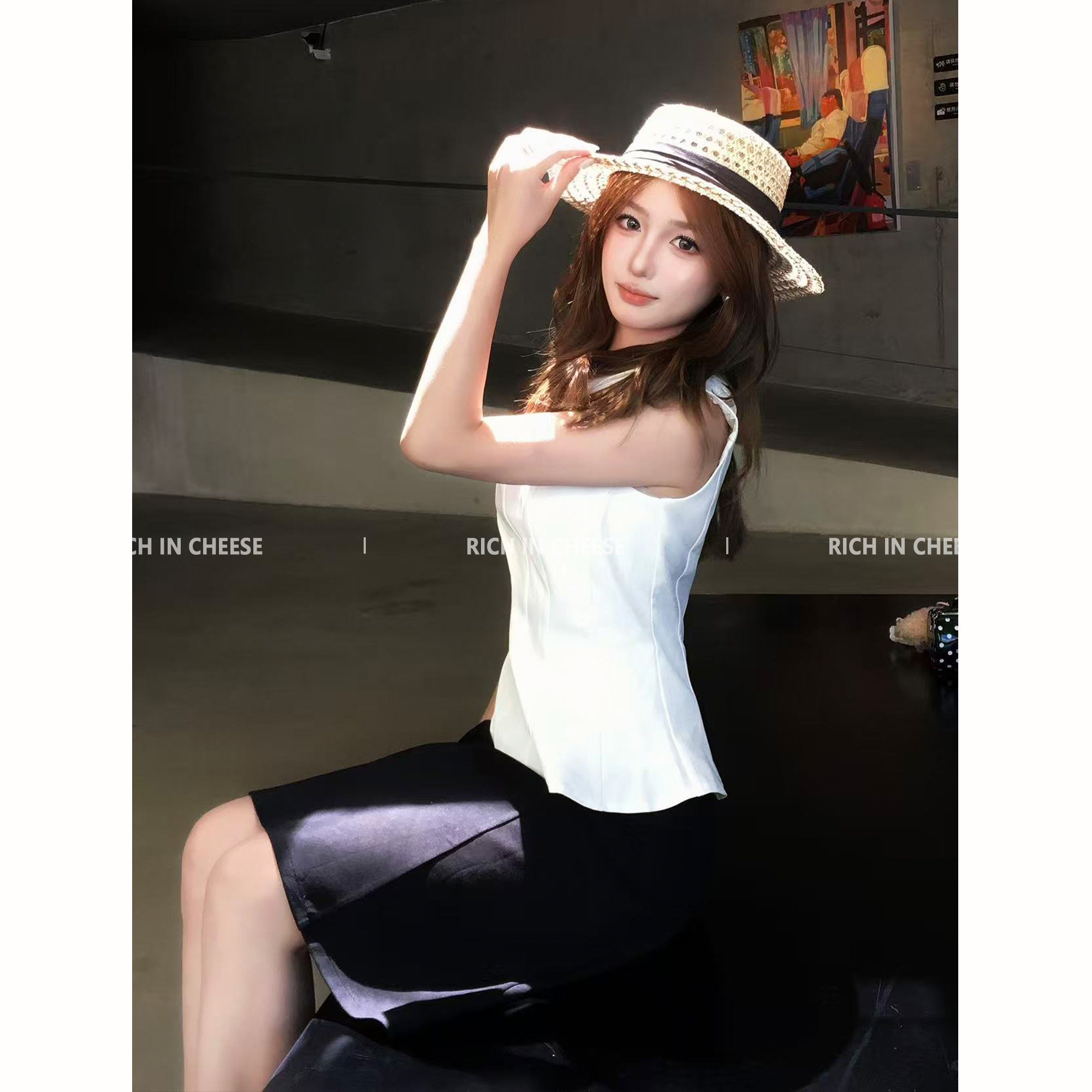 舒胡蕾 淡人高智 韩系chic娃娃领收腰无袖背心女夏季半身中裙套装