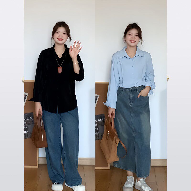 喵喵推荐 大码微胖mm秋季显瘦宽松简约百搭收腰衬衫长袖上衣 0109