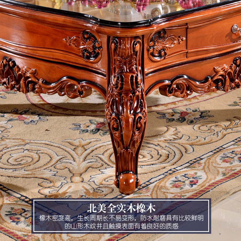 欧式全实木茶几 美式客厅1.2米正方形茶桌橡木雕花钢化玻璃面茶桌