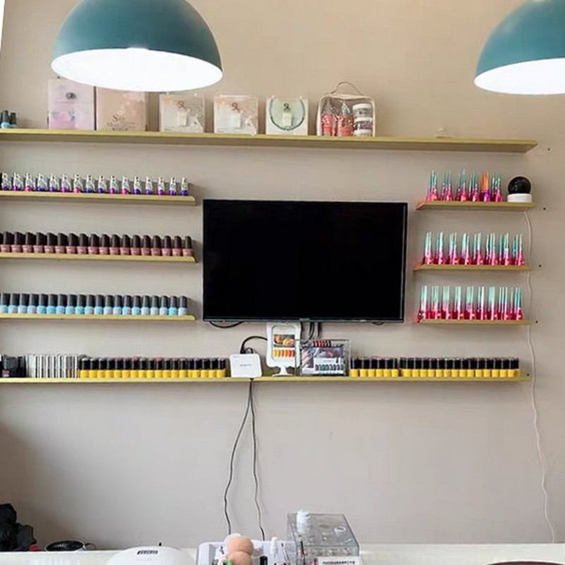 美甲店甲油胶展示架铁艺挂墙上置物架化妆品一字隔板壁挂指甲油架