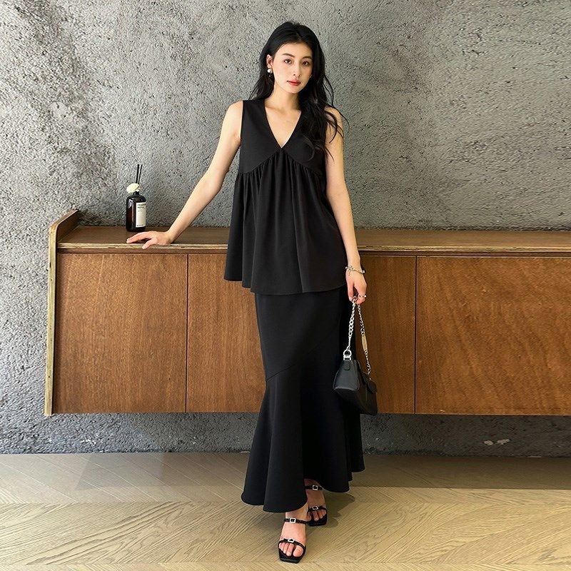 夏法式气质套装中长款v领上衣女紧腰鱼尾半身裙女高腰休闲连衣裙,女装/女士精品,时尚套装,淘宝优惠券,粉丝福利购,淘宝优惠卷