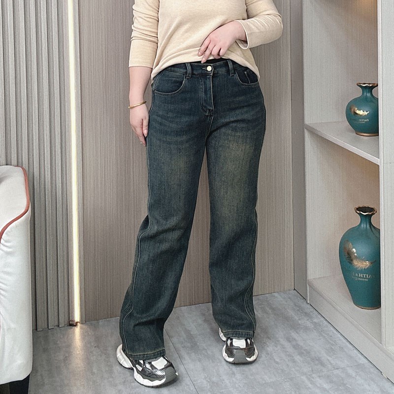 秋冬加绒直筒牛仔裤女大码女装胖mm高腰弹力显瘦哈伦休闲拖地长裤