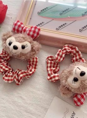 可爱达菲熊雪莉玫发圈红色格子蝴蝶结大肠发圈C1