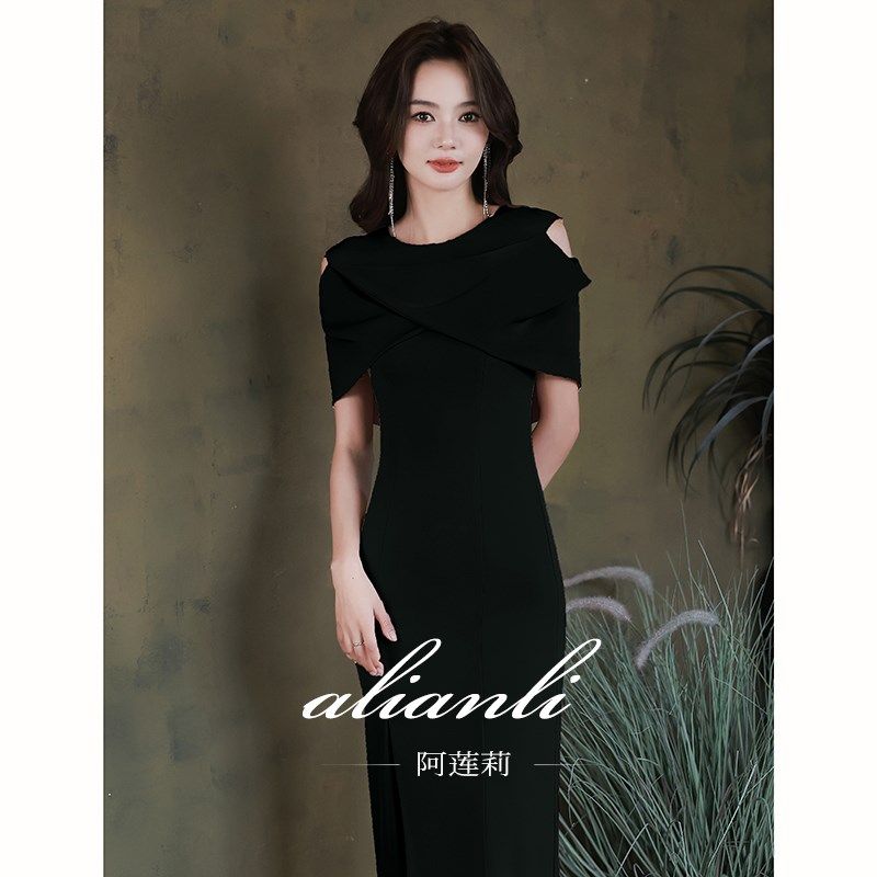 晚礼服女宴会气质轻奢小众高端高级感小个子缎面主持人黑色连衣裙