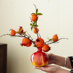 石榴多子多福摆件陶瓷客厅插花器高级感新中式红色喜庆花瓶装饰品