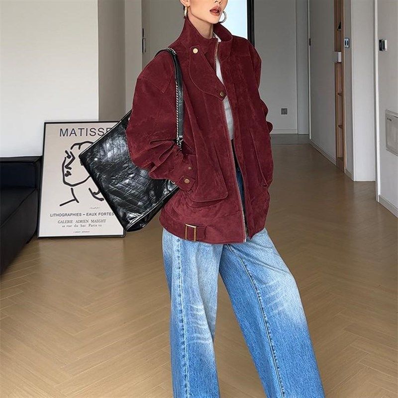 CIZZLEMORE 秋季氛围感拿捏安可拉红色麂皮绒感时尚舒适夹克外套