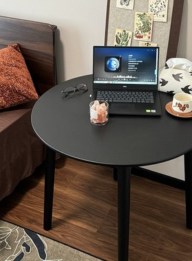 黑色简约实木吃饭圆桌子家用小户型餐厅餐桌椅中古接待洽谈咖啡桌