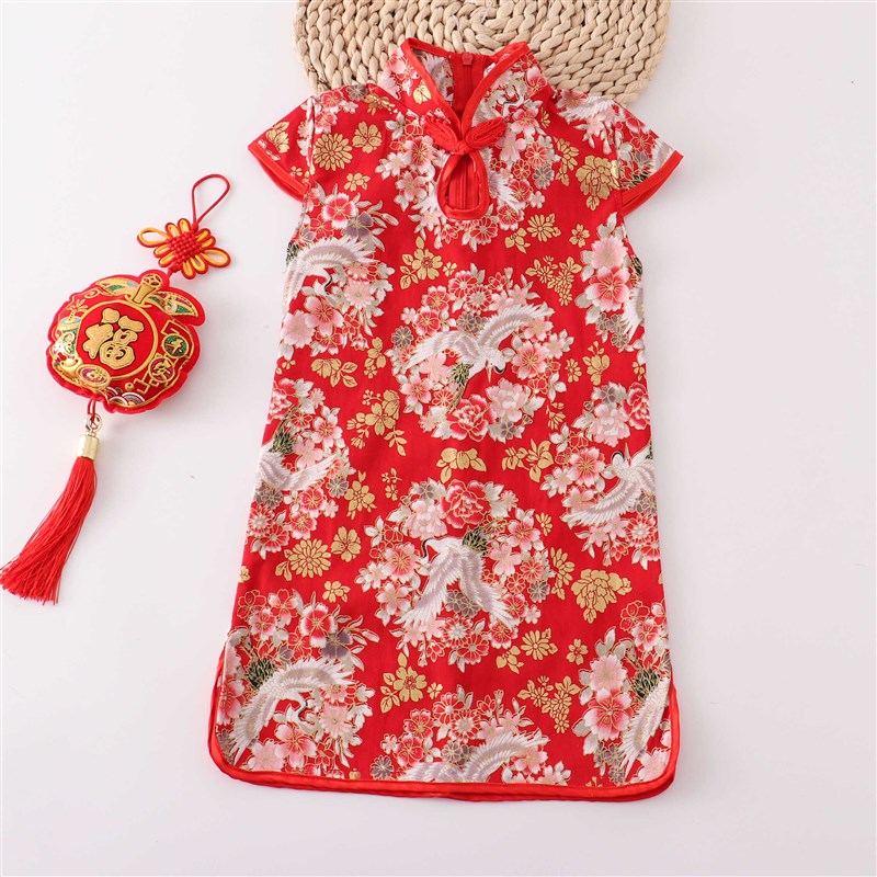 女童旗袍夏季2024新款儿童中国风唐装宝宝周岁礼服女孩红色连衣裙