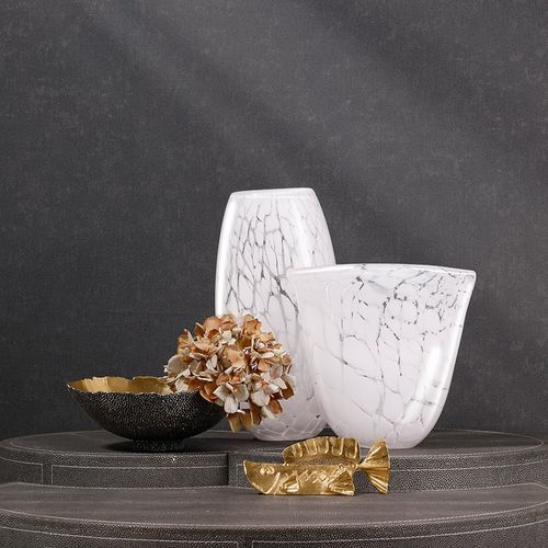 白色透明玻璃花瓶冰裂大口径水培花器轻奢软装饰创意金属果盘花盆