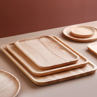 日式木质托盘实木橡木托盘长方形家用茶杯面包收纳盘木制餐具盘子