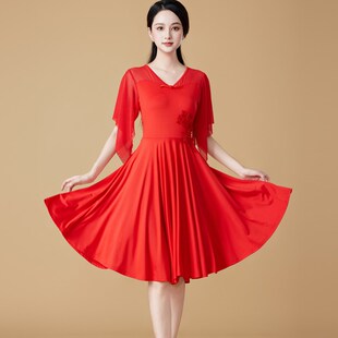 广场舞连衣裙新款短袖中国风红色舞蹈演出服大码显瘦夏天跳舞裙子