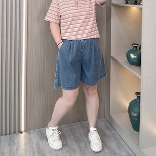 大码女装胖mm夏季牛仔短裤女松紧高腰显瘦阔腿休闲开叉薄款五分裤