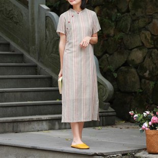 念中国风江南新款 中长连衣裙2023夏显瘦立领竖条纹裙子 旗袍改良版