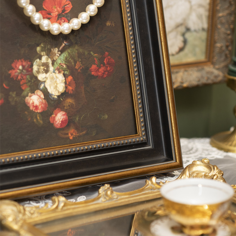 高档实木画框复古法式静物花卉壁画玄关餐厅边柜油画布组合装饰画